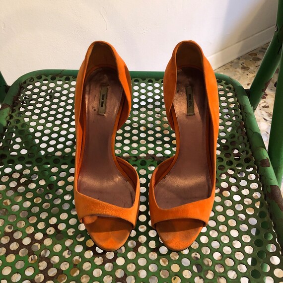 Y2K Miu Miu Orange Suede Peep Toe Heels With Jewe… - image 9