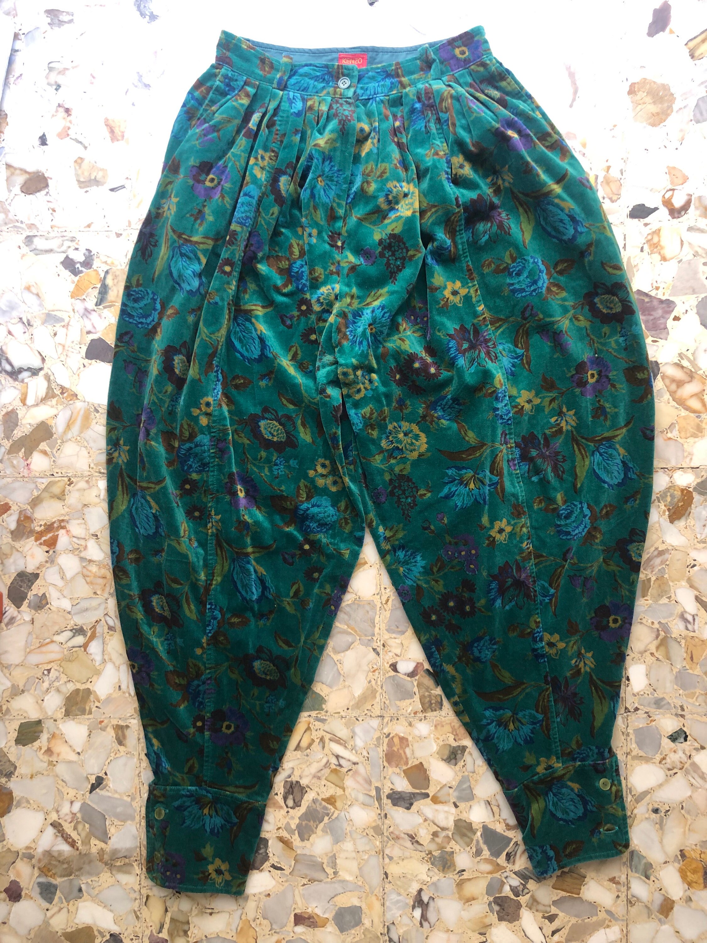 80s Kenzo Velvet Full Pleated Turquoise Floral Harem Pants 80s Kenzo Velvet Full Pleated Turquoise Floral Harem Pants