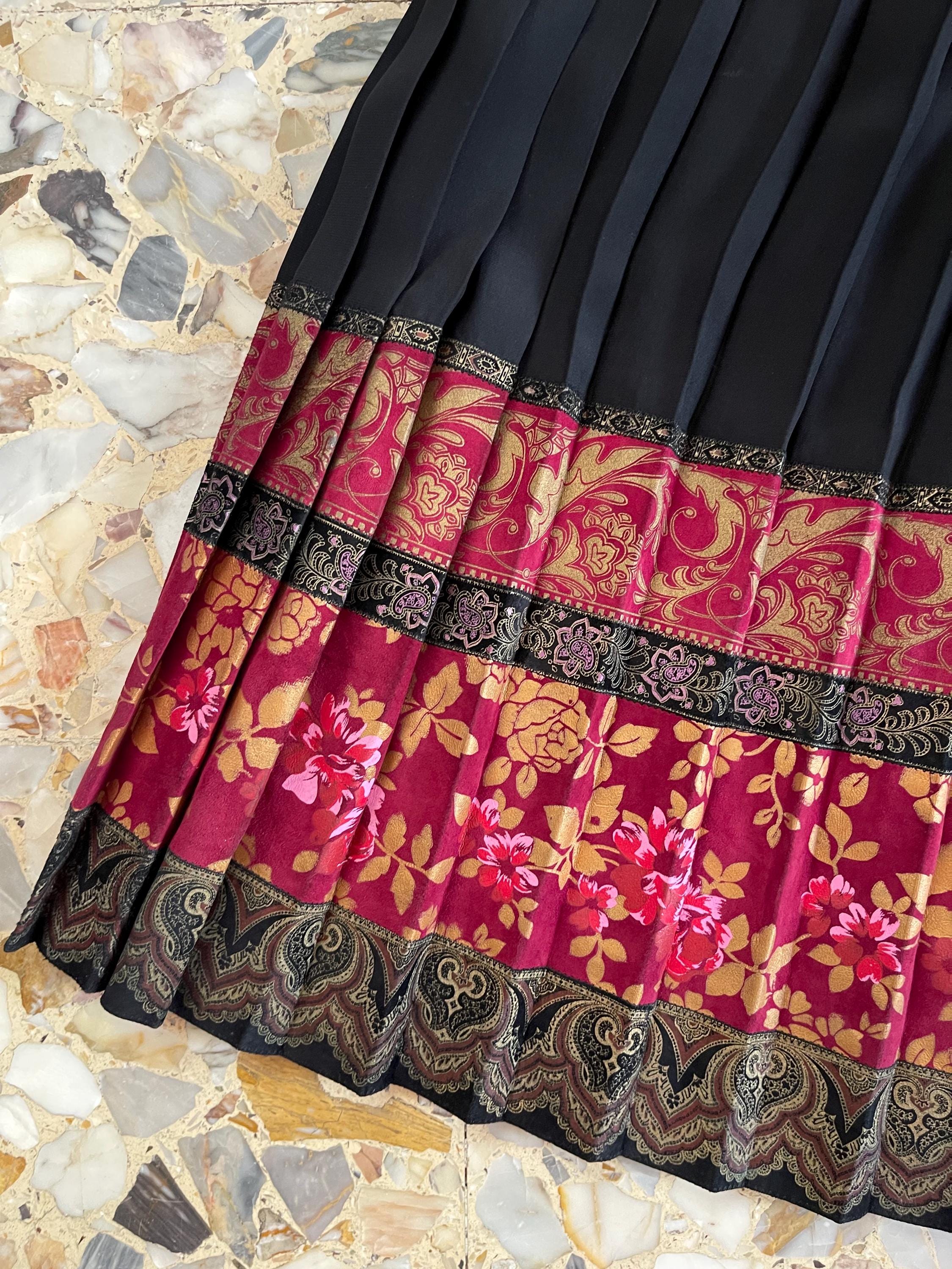 70s Roberto Cavalli Hand Painted Leather Maxi Skirt With Pleated