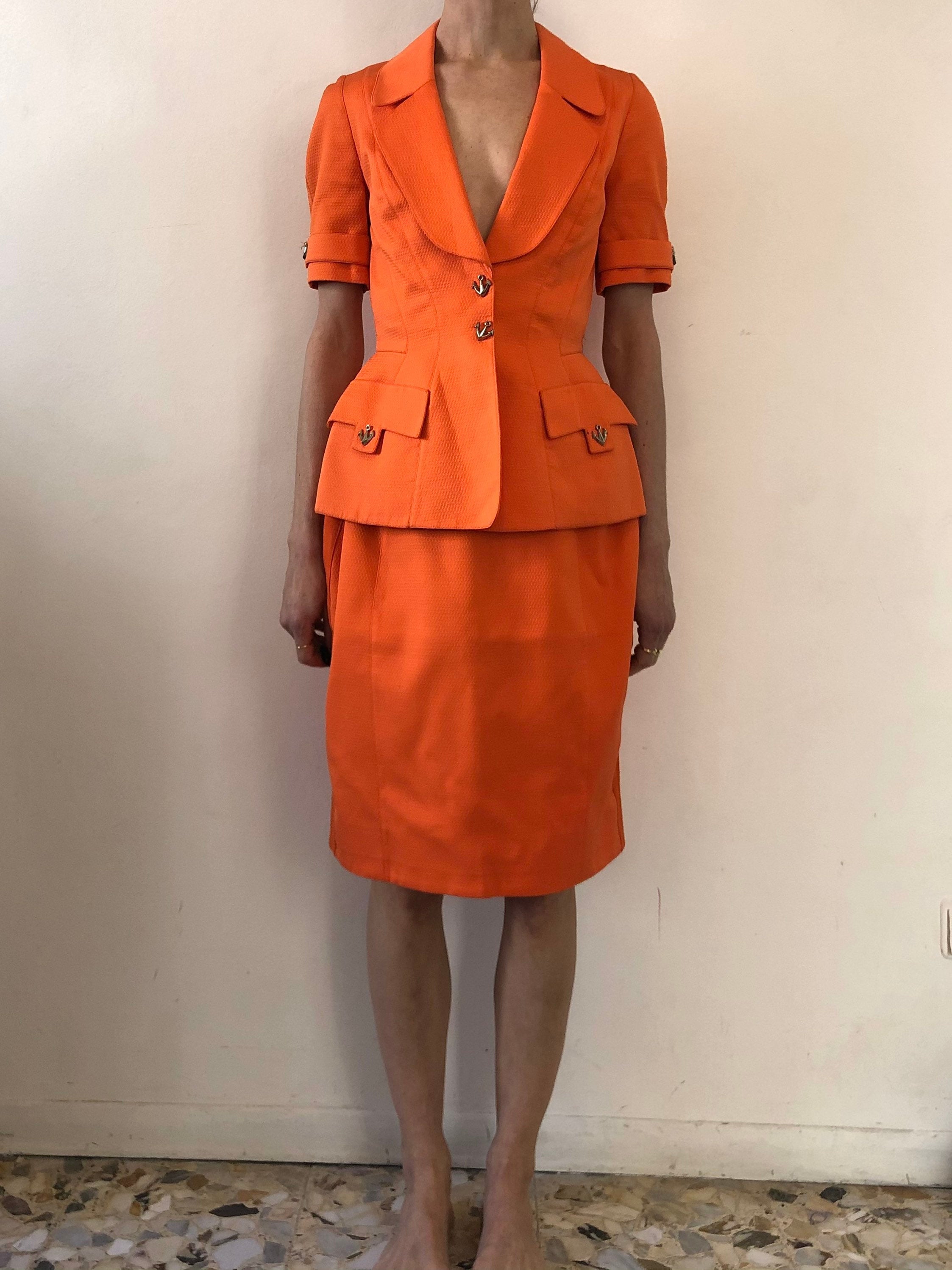 80s Mugler Orange Sailor Button Short Sleeve Hourglass Fitted