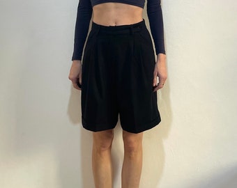 90s Max Mara Black Wool High Waisted Pleated Cuffed Shorts