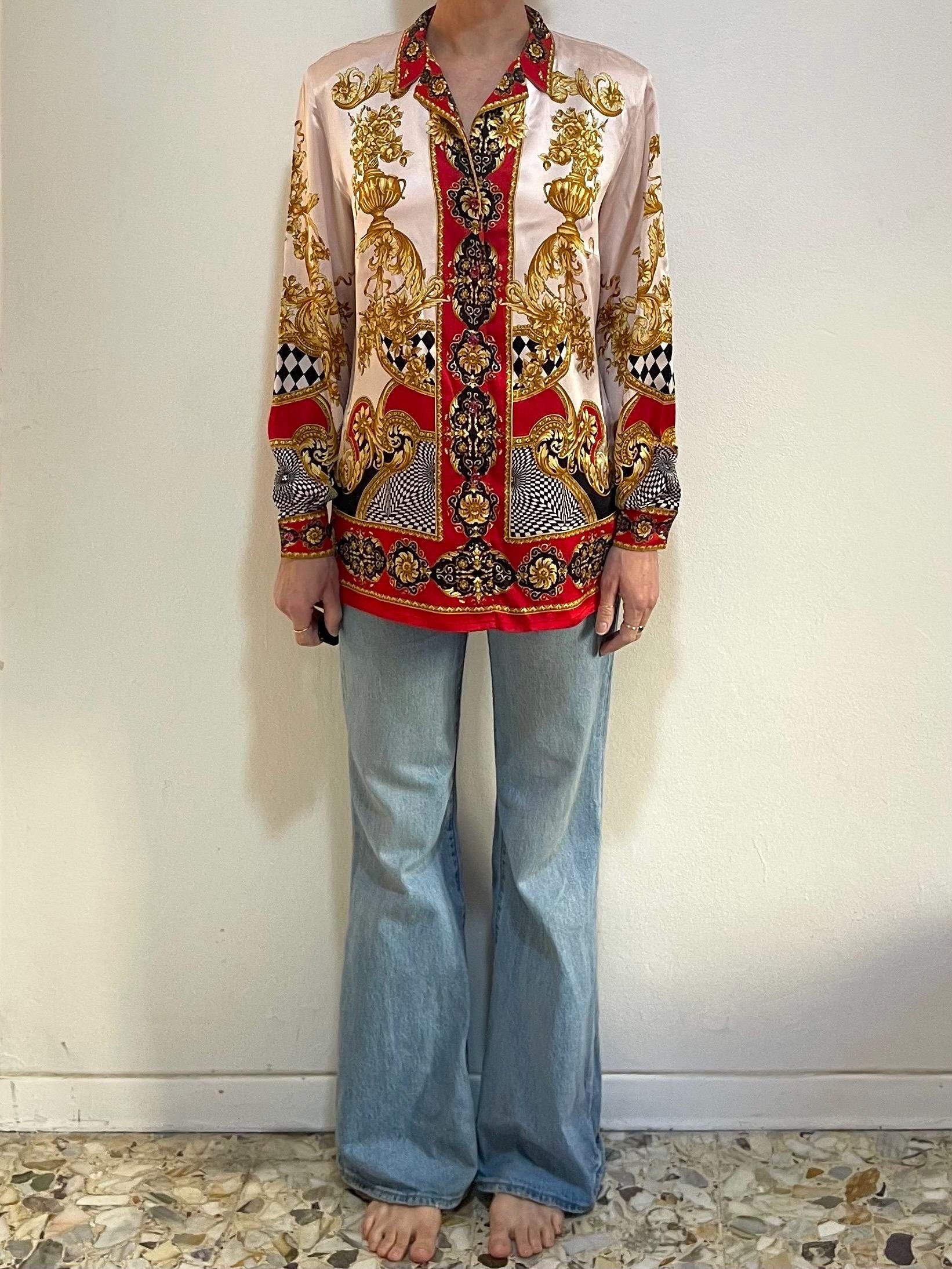 80s Escada Silk Satin Baroque Op Art Psychedelic Button up Blouse
