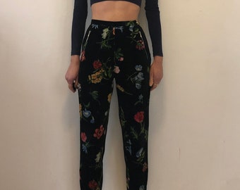 80s Kenzo Jeans Velvet Floral Tapered Mom Jeans Trousers Zippered Ankle