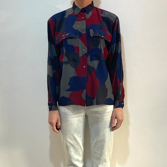 Claude Montana, 80s Claude Montana Sandwashed Silk Abstract Camo Print Oversize Blouse Shirt