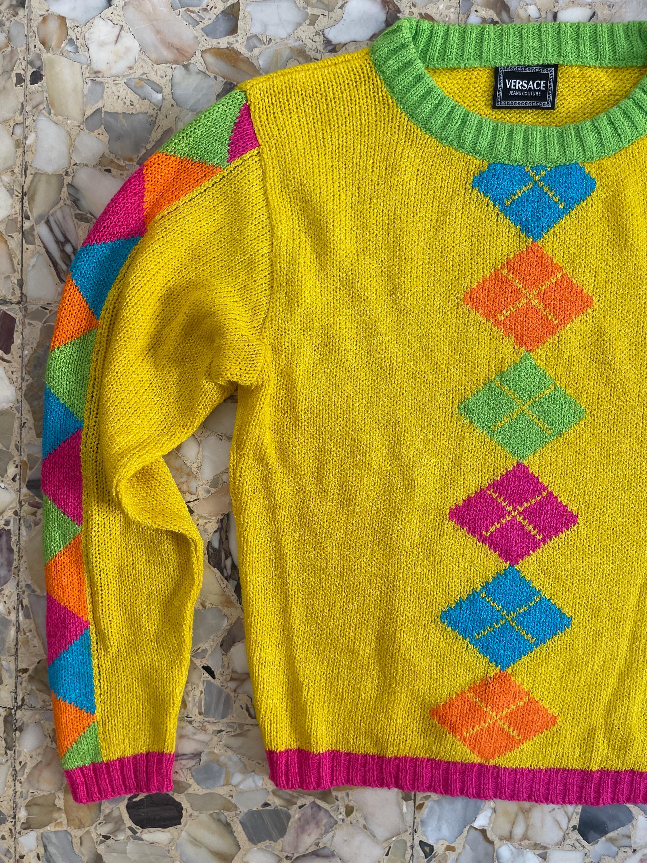 90s Versace Jeans Couture Yellow Argyle Knit Preppy Clueless
