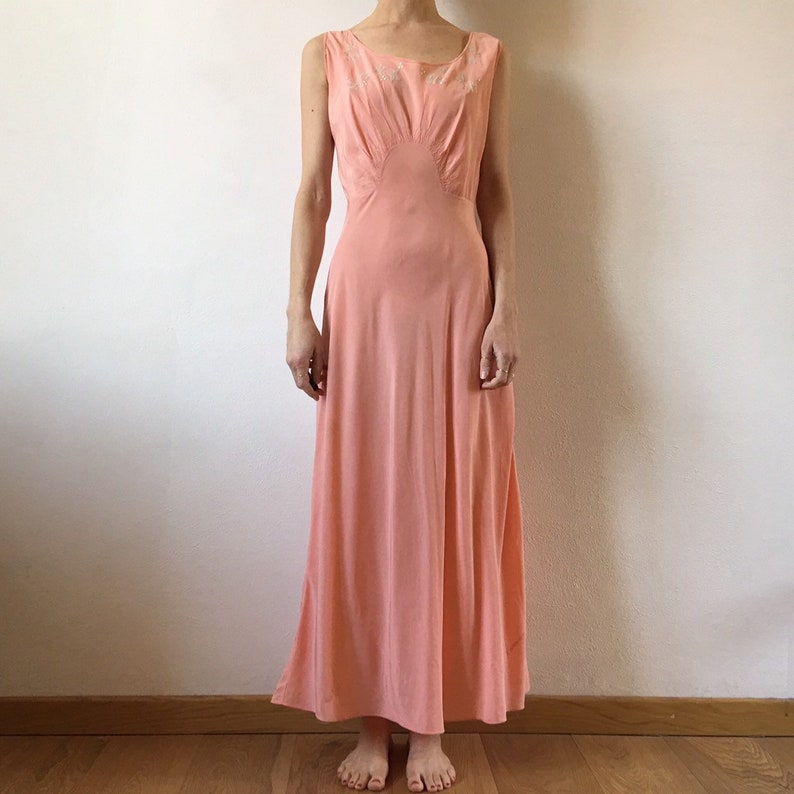 30/'s bias cut pink rayon leaf applique romantic hand made slip dress
