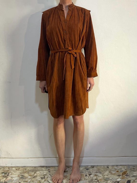 leather tunic dress 70s Roberto Cavalli Brown Suede With Painted Pin Striped Lightweight cardigan