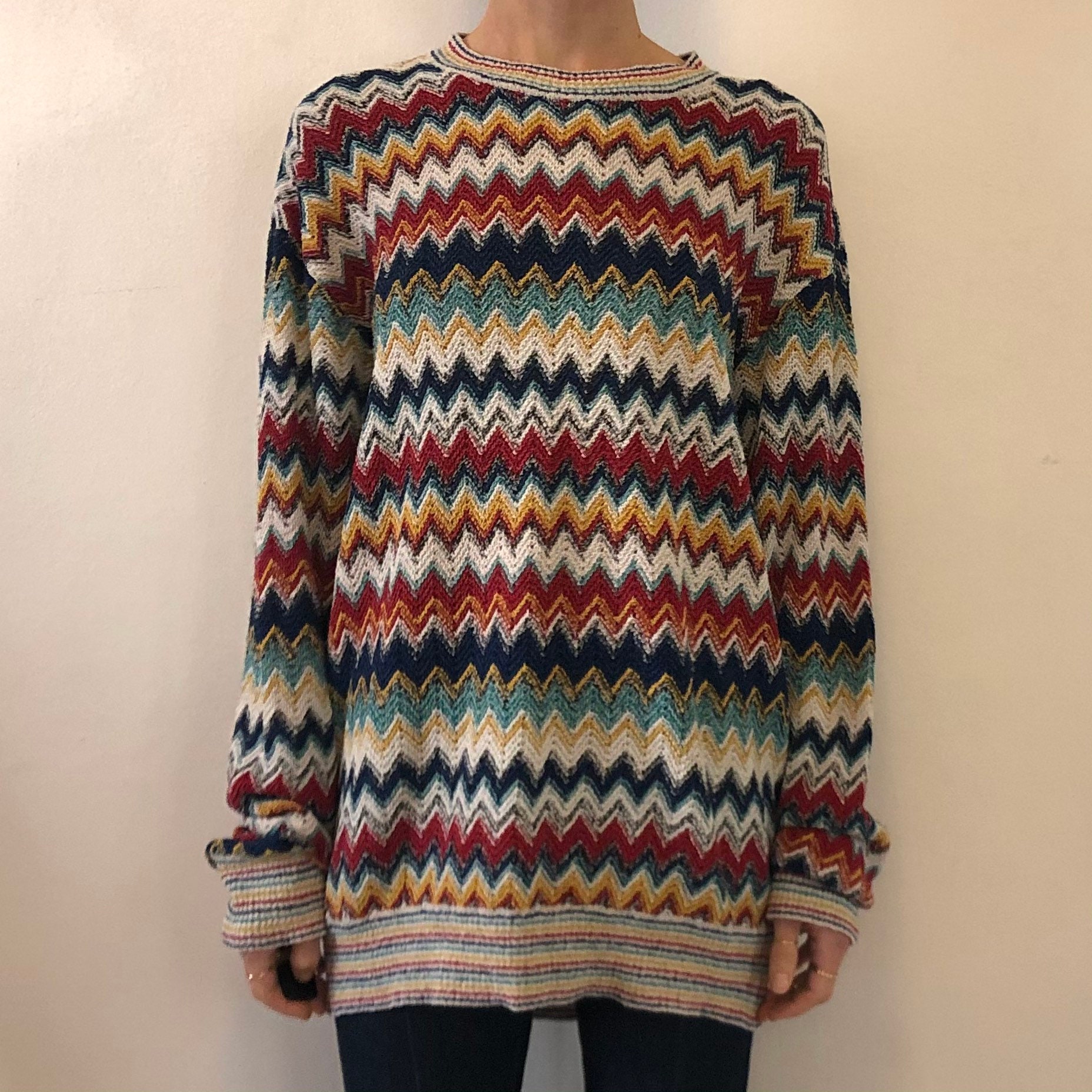 80s Missoni Iconic Zig Zag Multi Color Oversize Cotton Sweater | Etsy