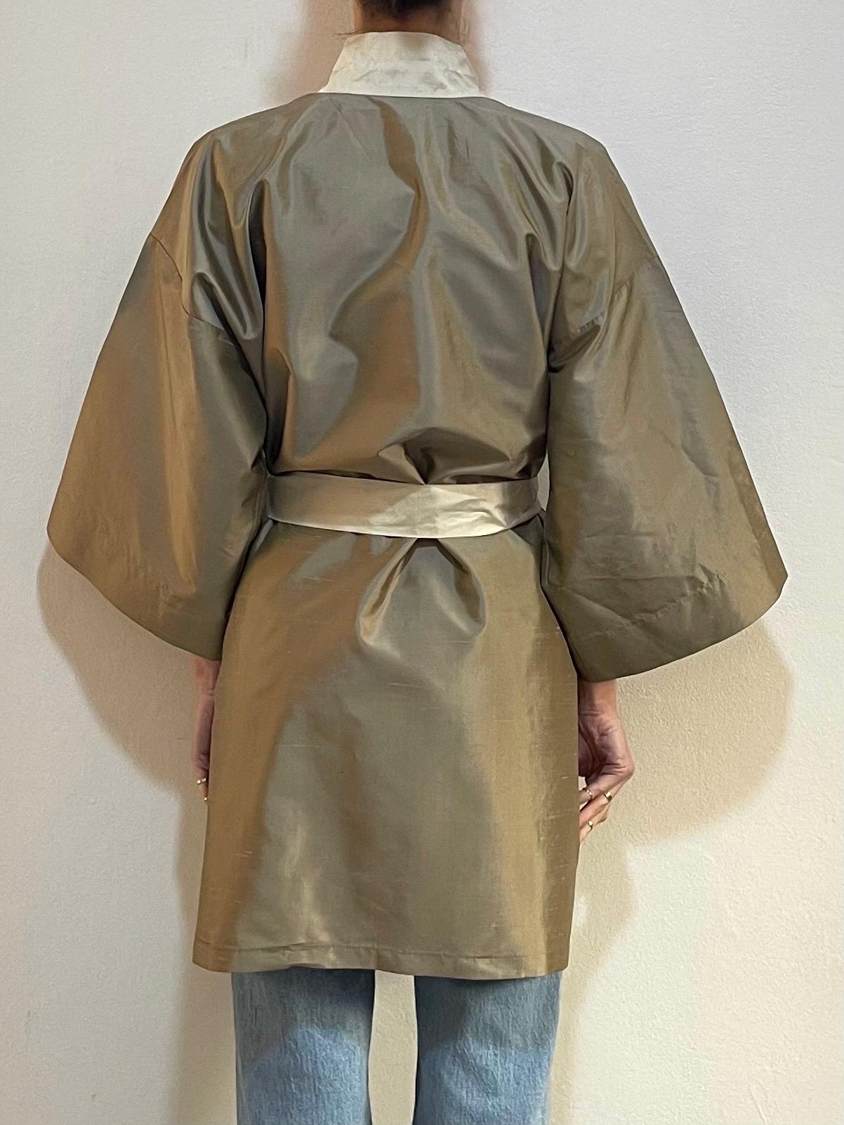 80s Jim Thompson Silk Shantung Beige Elegant Kimono Bathrobe