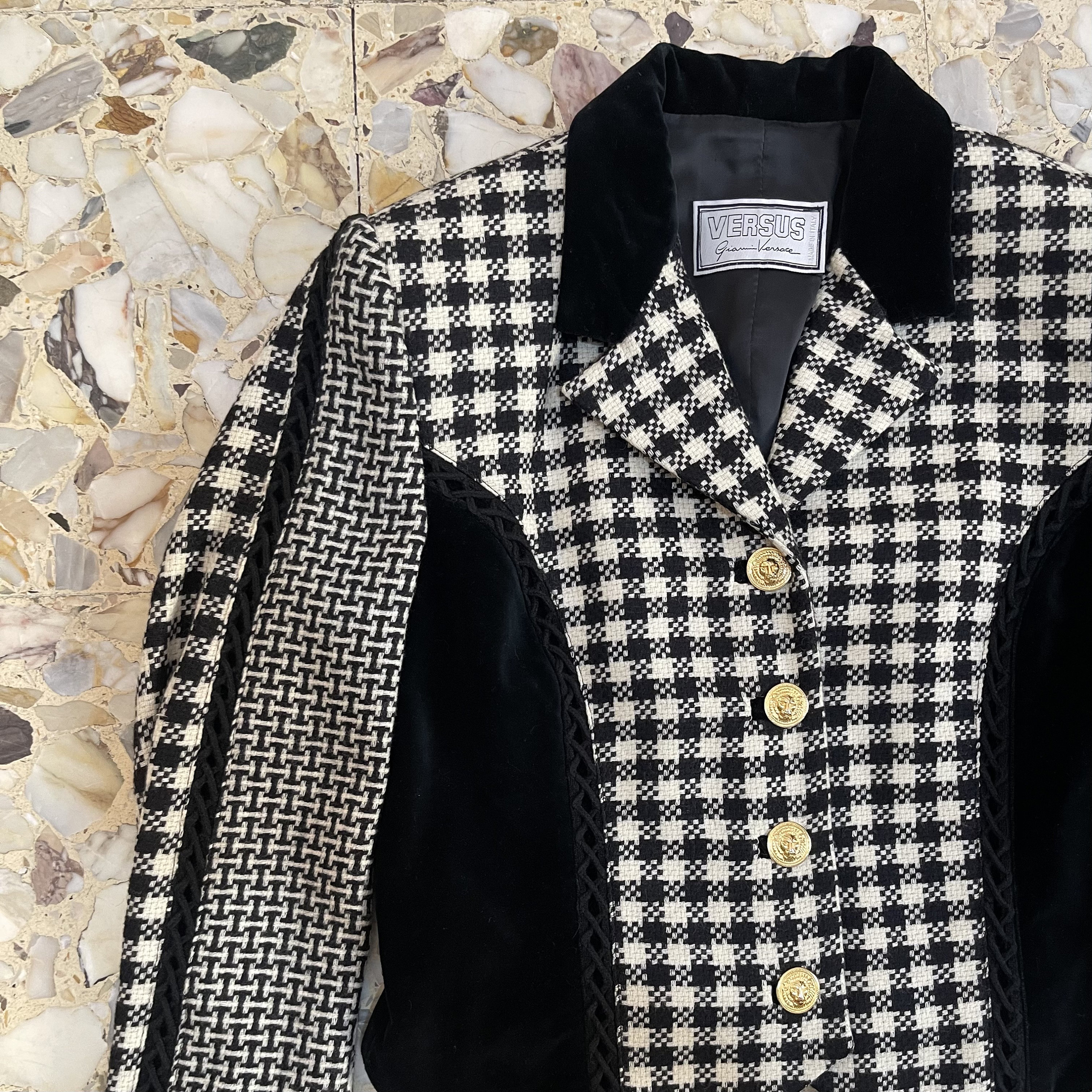 90s Versace Versus Jacket Velvet & Wool Check Withgold Lion