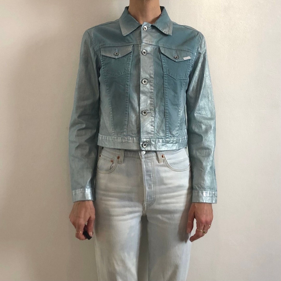 Y2K Phard Giacca in jeans elasticizzato corto vintage argento