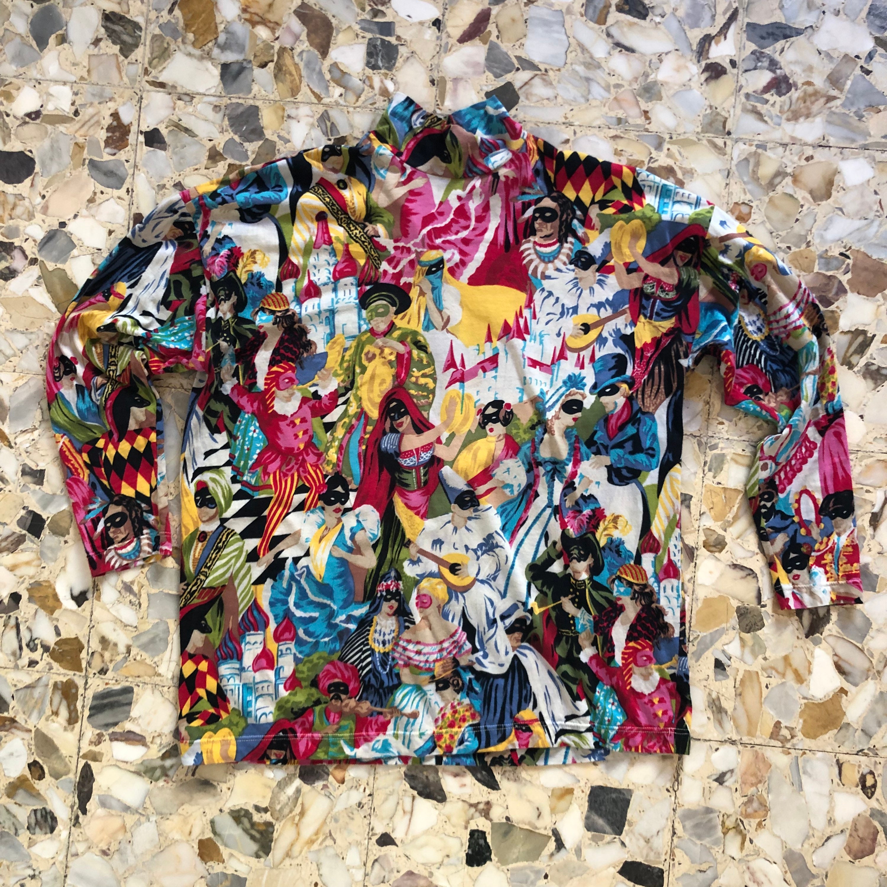 80s Kenzo Jungle Carnival Masquerade Print Cotton Jersey