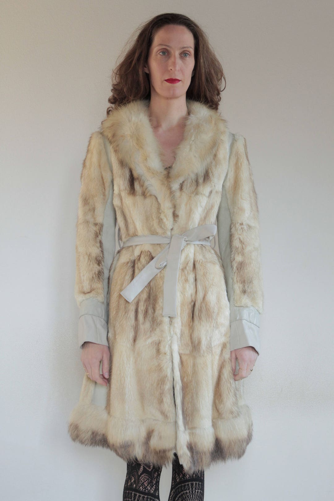 70s White Fox Fur and Leather Long Coat With Tie Belt / Boho - Etsy