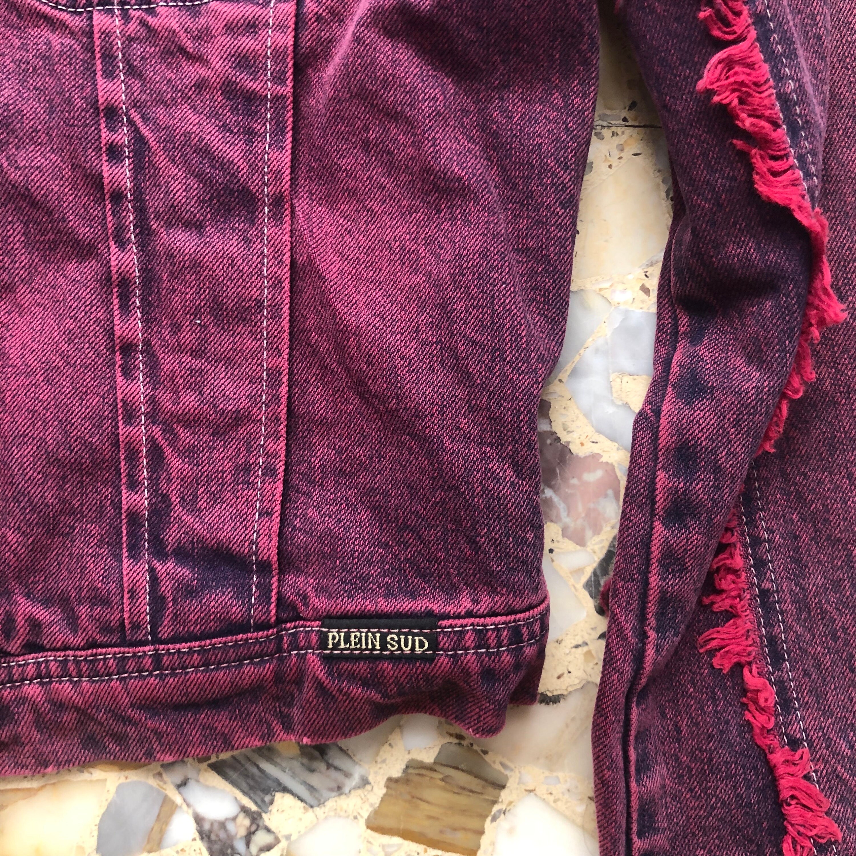 Y2K Plein Sud Red Raw Fringe Vintage Denim Cropped Jean Jacket