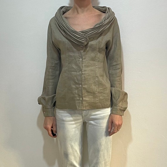 Claude Montana, 90s Claude Montana Linen Plisse Pleated Shawl Collar Unusual Dramatic Shirt Blouse