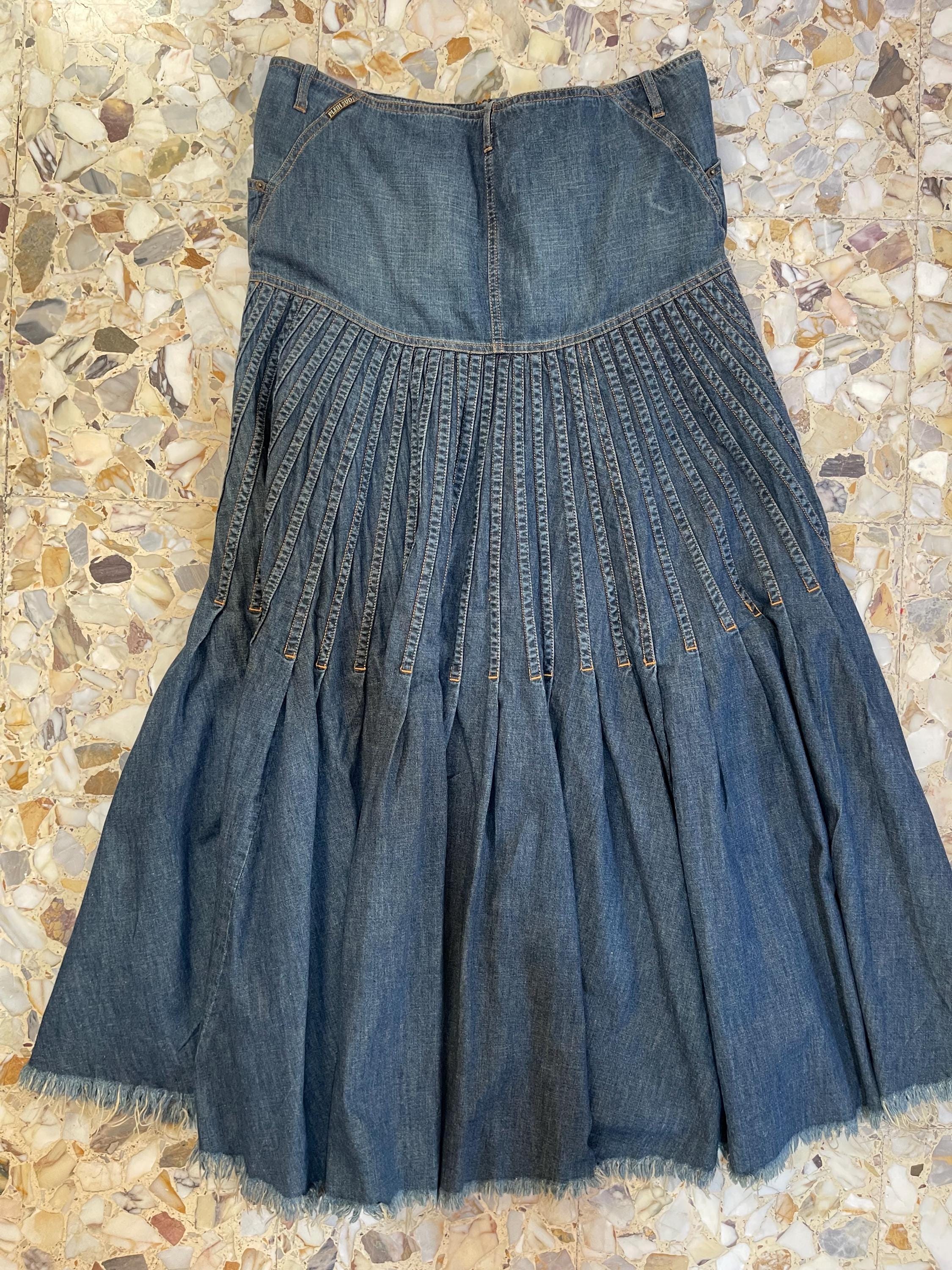 Y2K Plein Sud Denim Maxi Mermaid Skirt Pleated Raw Hem Large Size