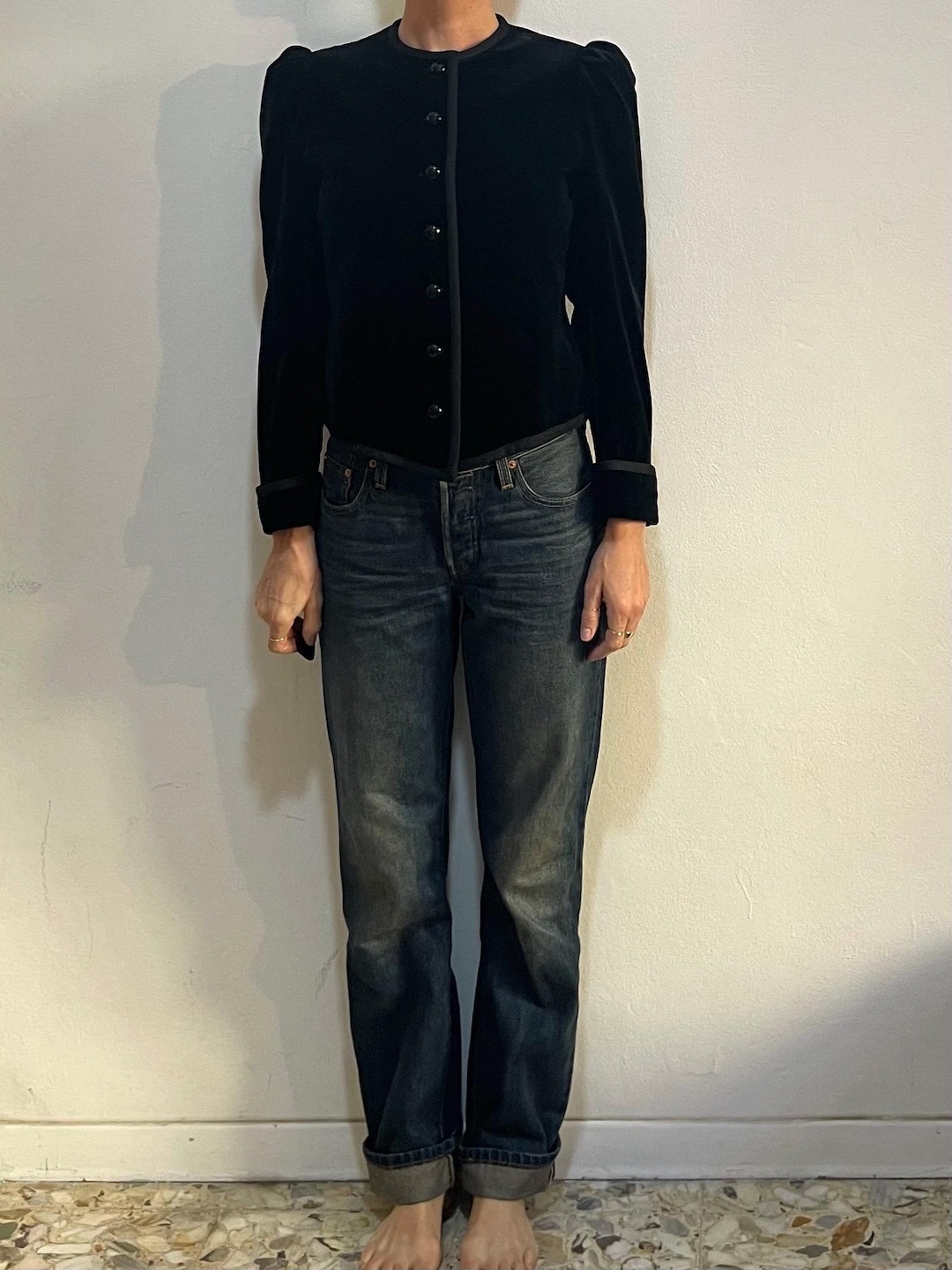 80s Saint Laurent Rive Gauche Black Velvet Victorian Jacket With