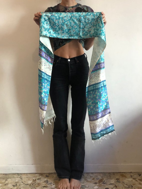 90s Silk Indian Gauze Blue Floral Long Block Prin… - image 3