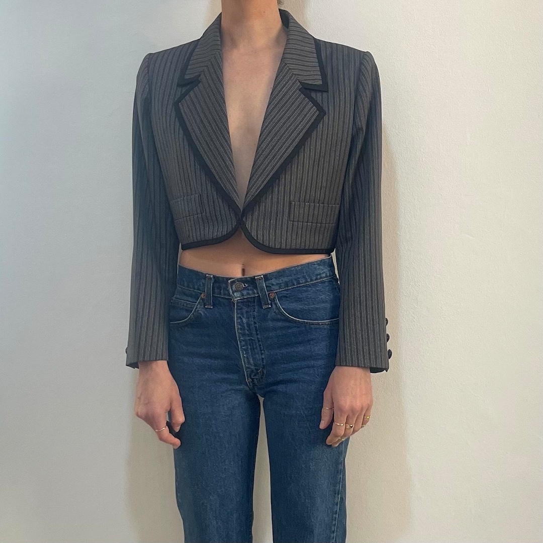 Buy 80s Saint Laurent Rive Gauche Pin Striped Cropped Strong Shouldered  Jacket Bolero Online in India