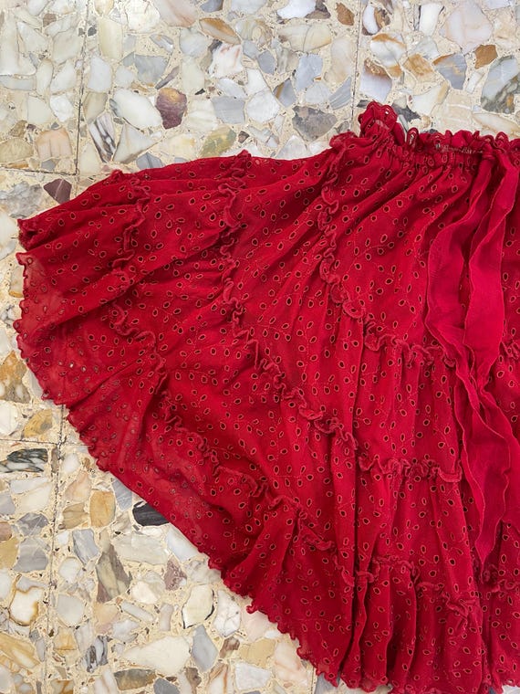 90s Jean Paul Gaultier Deep Red Embroidered Eyelet Mesh
