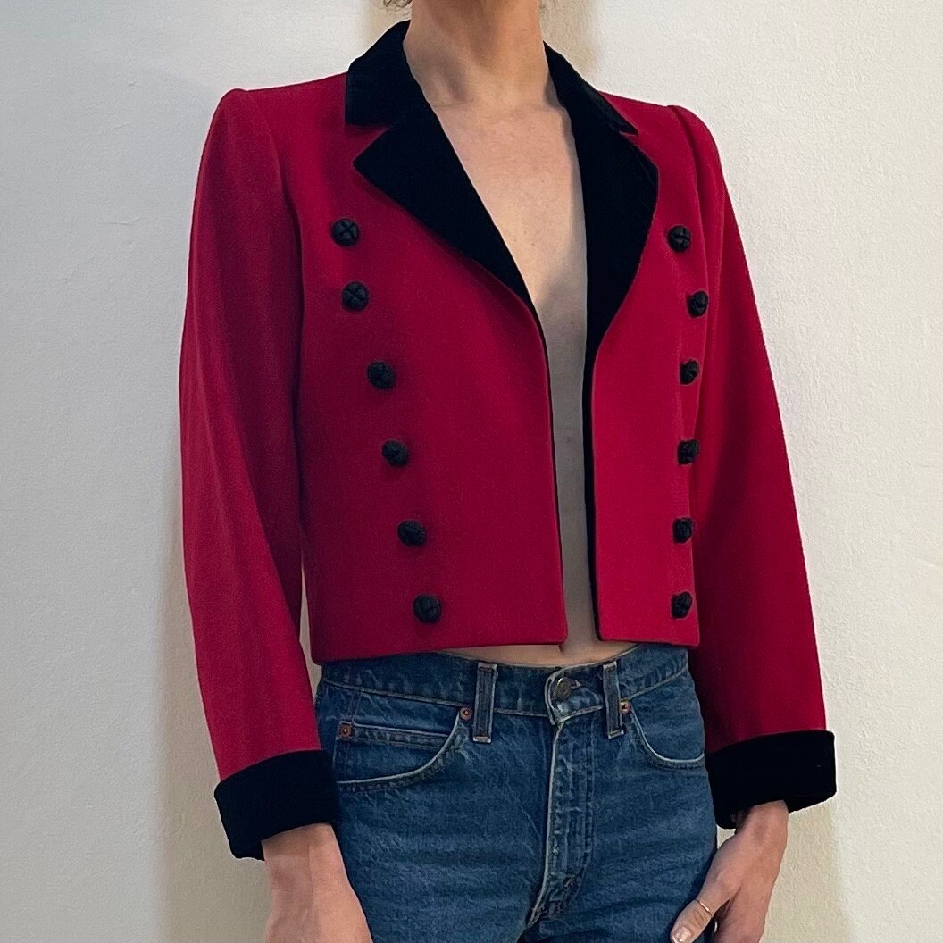 80s Saint Laurent Cropped Wool Jacket With Velvet Collar - Etsy