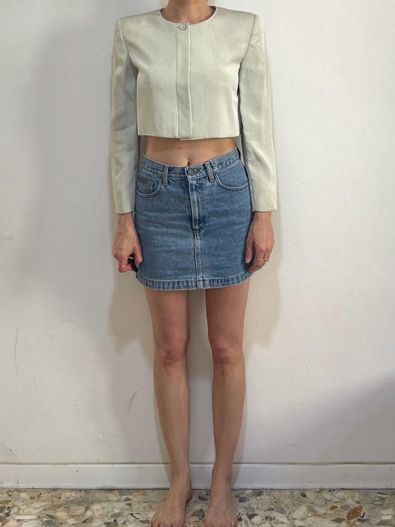 Claude Montana, 90s Claude Montana Beige Striped Cropped Minimalist Strong Shoulder Jacket