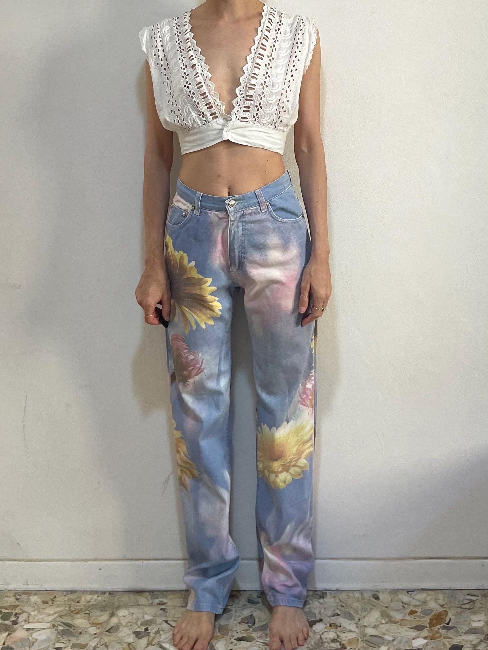 90s Roberto Cavalli Blue Sky and Photo Flowers Club Kid Mom Jeans