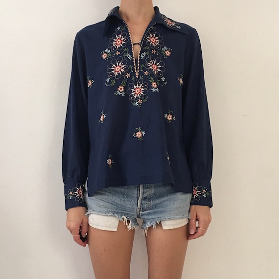 70's Peasant Blouse Hand Embroidered Boho Hippy Fe