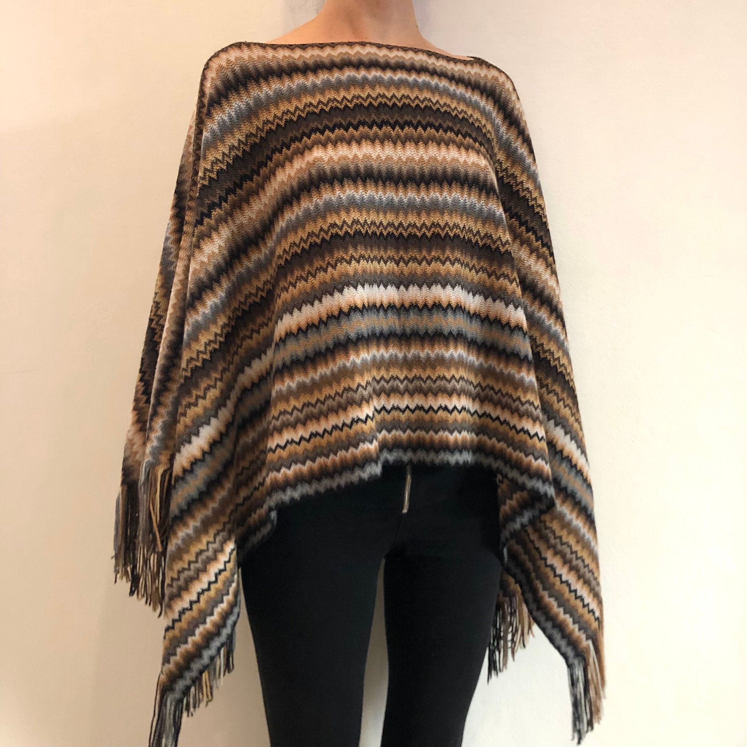 Y2K Missoni Wool Zig Zag Striped Poncho Boho Sweater Top
