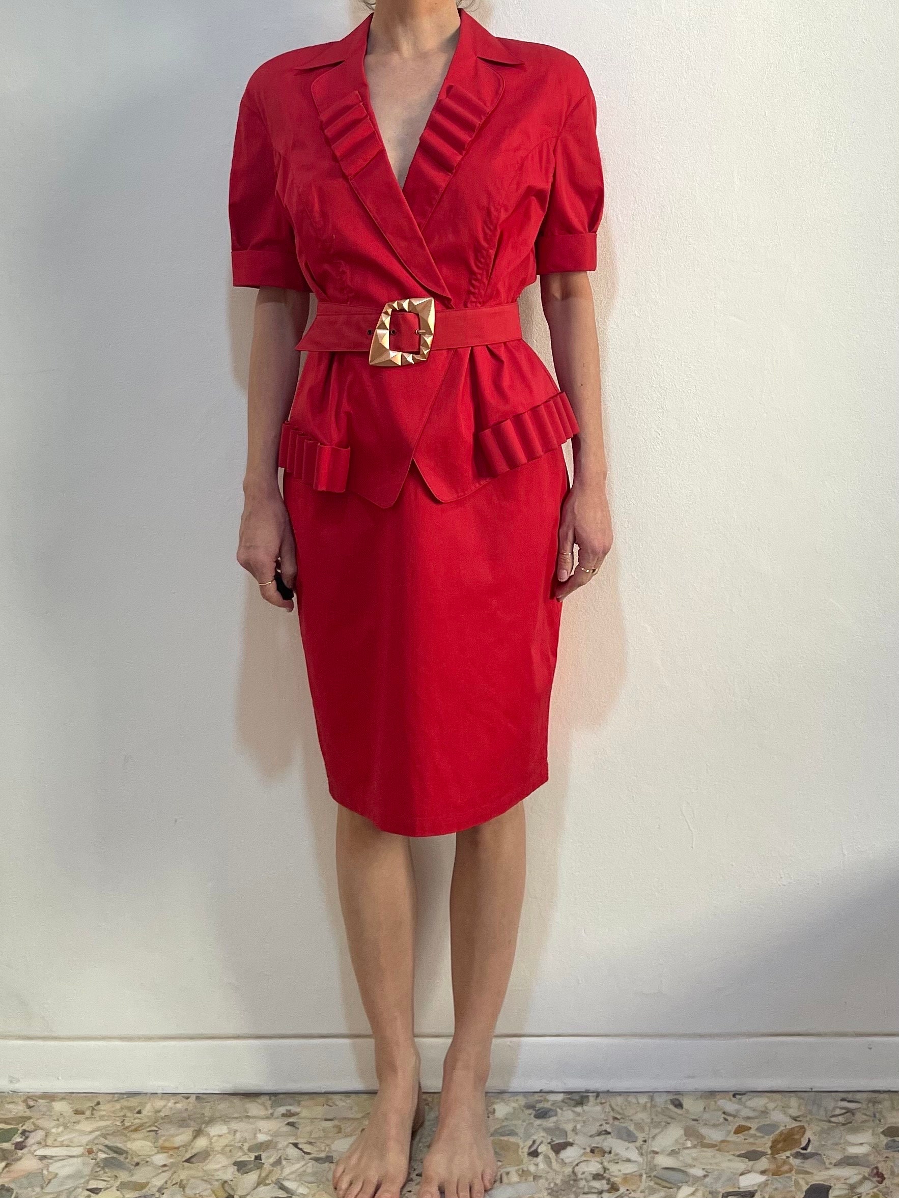 Costume Deux Pièces Jupe Vintage Thierry Mugler En Laine Rouge - Taille US-XL / FR-44, Occasion Parfait état