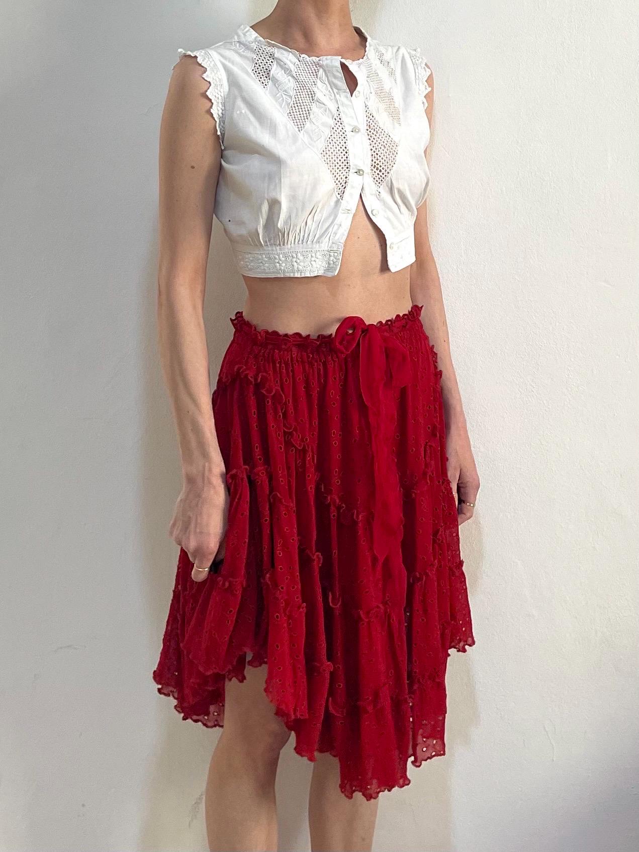 90s Jean Paul Gaultier Deep Red Embroidered Eyelet Mesh Tiered