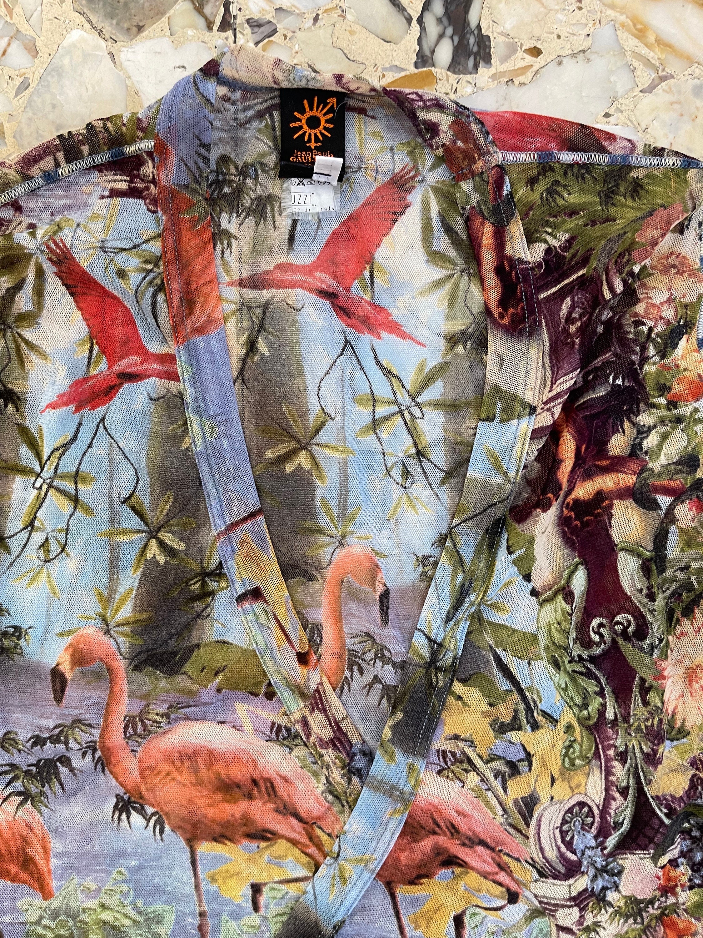90s Jean Paul Gaultier Club Kid Flamingo Floral Sheer Mesh
