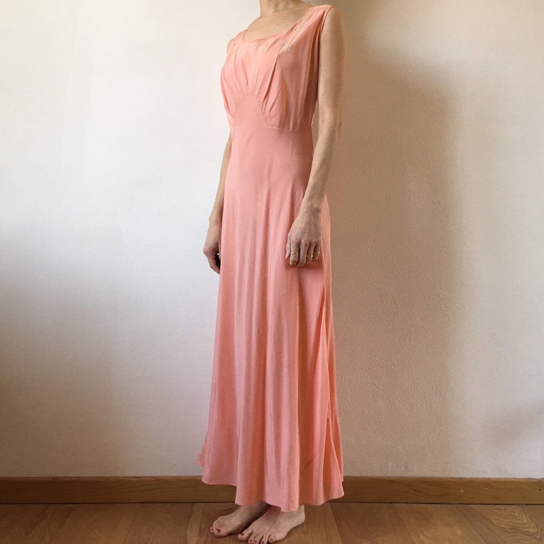 30/'s bias cut pink rayon leaf applique romantic hand made slip dress