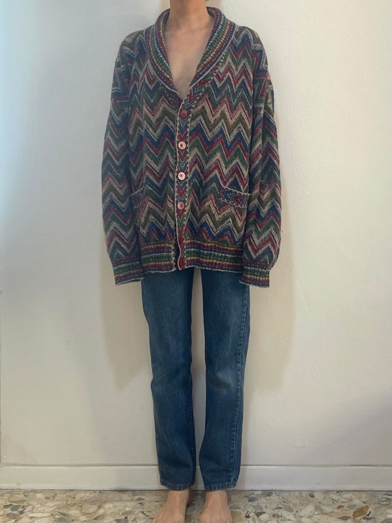 Buy 90s Missoni Geometric Multi Color Zig Zag Wool Cardigan With 