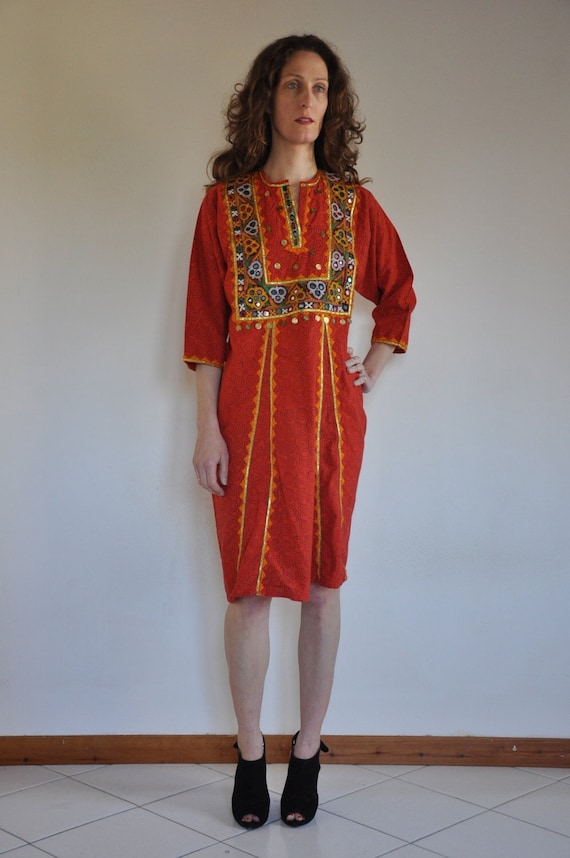 70s boho mirrored Indian caftan dress with embroi… - image 1