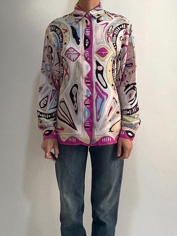 Emilio Pucci, 60s Emilio Pucci Silk Twill Blouse Psychedelic Mandala Button Up Shirt Top