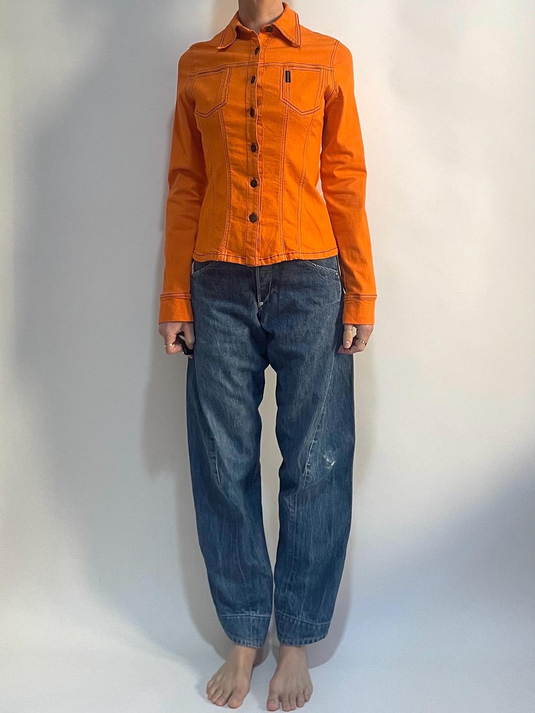 Y2K Plein Sud Stretch Orange Denim Fitted Jean Jacket Club Kid