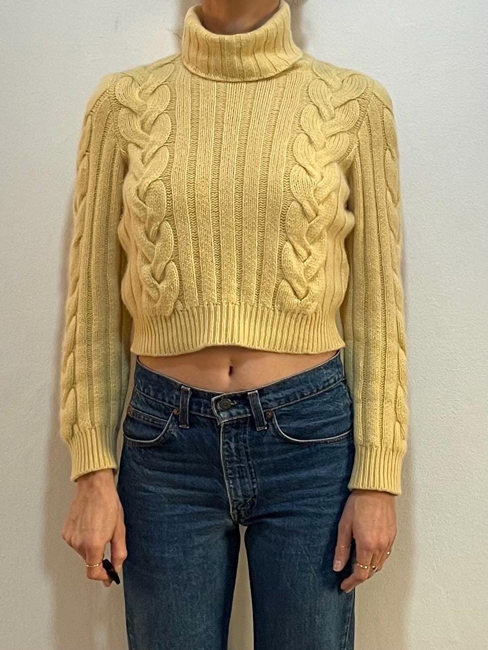1990s Gianni Versace Couture Cashmere Yellow Cable Knit Cropped