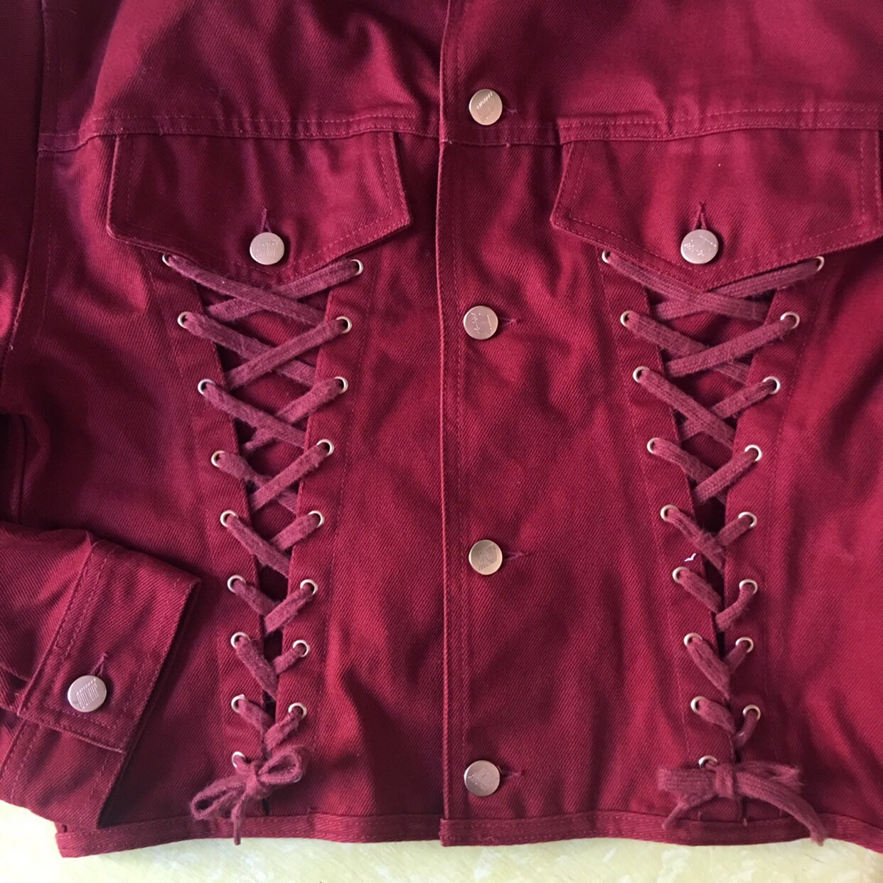 90s Junior Jean Paul Gaultier Lace up Red Denim Jeans Jacket