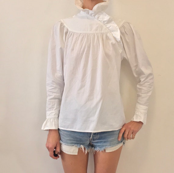 70's Kenzo White Cotton Piqué Peasant Blouse Ruffl