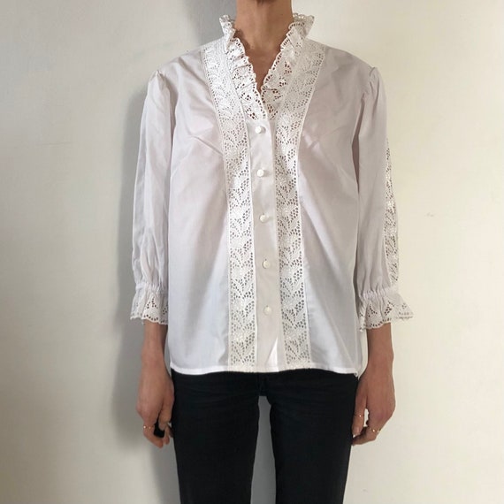 80s White Cotton Poly Lace Button Up Blouse With … - image 1