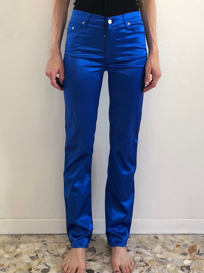 80s Fiorucci Safety Jeans Glam Rock Royal Blue Shiny Satin Etsy
