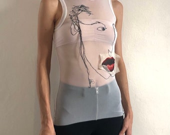 90s Jean Paul Gaultier Embroidered Silk Applique Face Sheer