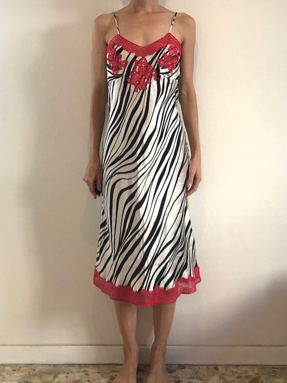 90s Betsey Johnson Silk Bias Cut Slip Dress With Zebra Print and Red Lace -  Etsy