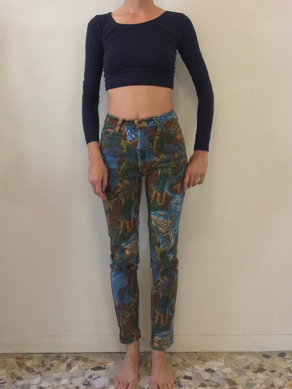 80s Kenzo Tiger Print Tropical Stretch Denim Skinn