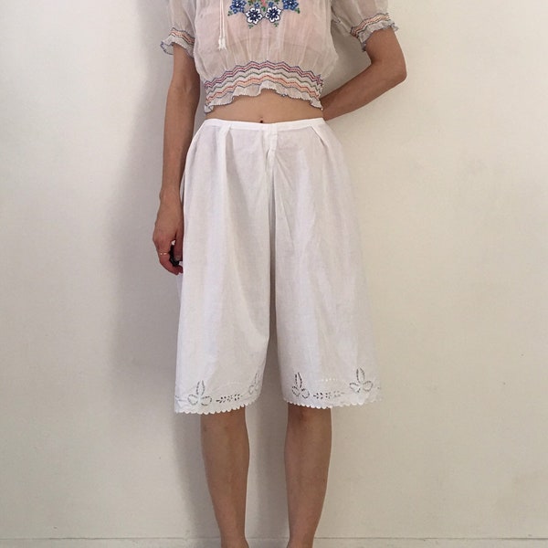 Victorian Bloomers Split Drawers White Cotton With Hand Embroidery And Cut Out Lace / Burlesque Tap Pants