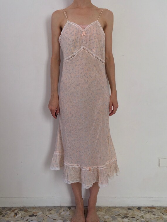 30s Silk Bias Cut Pink Floral Romantic Sheer Slip