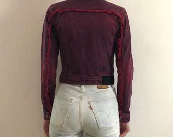 Y2K Plein Sud Red Raw Fringe Vintage Denim Cropped Jean Jacket