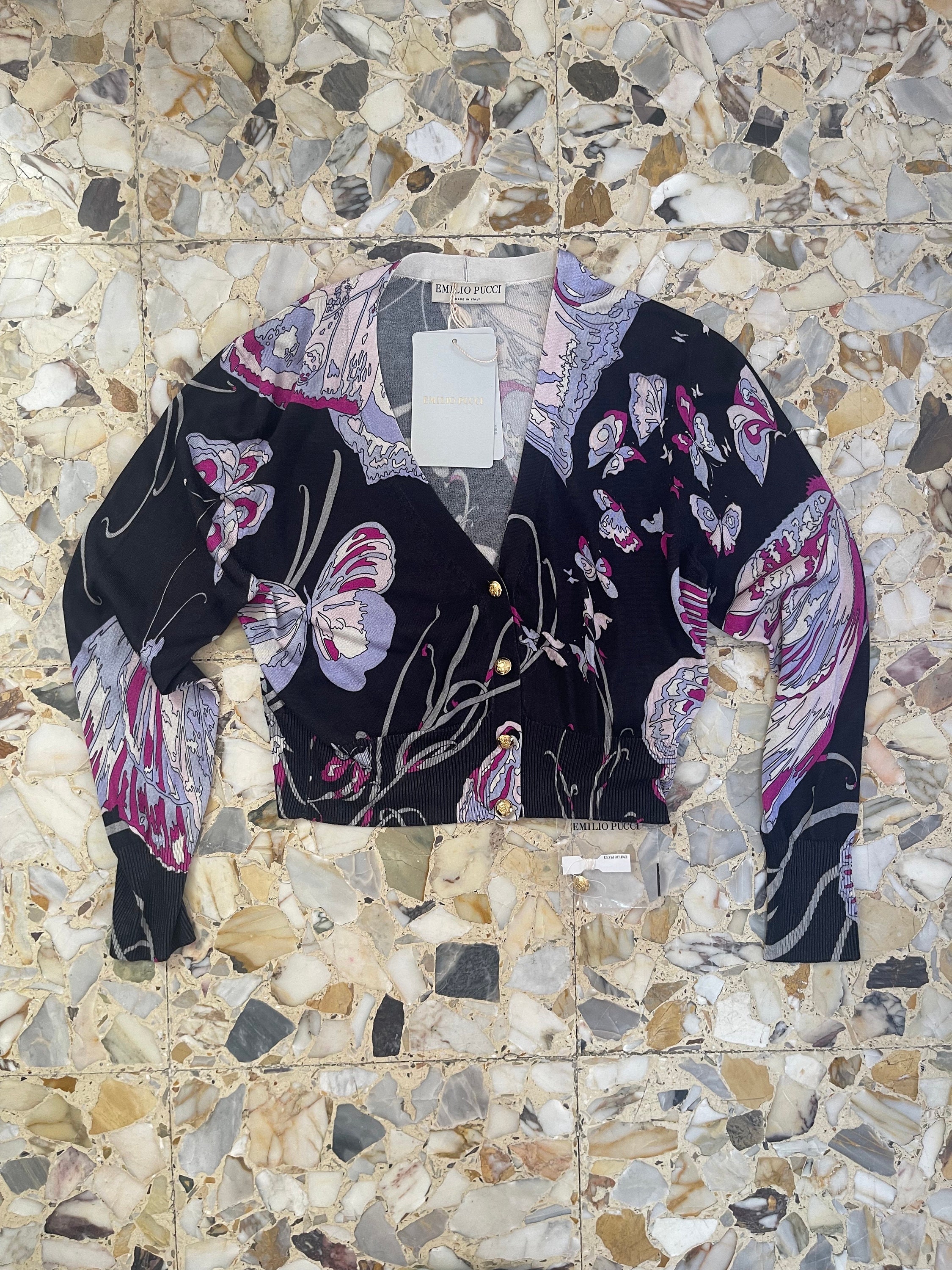 Y2K Emilio Pucci Silk Knit Cropped Butterfly Print Cardigan Extra