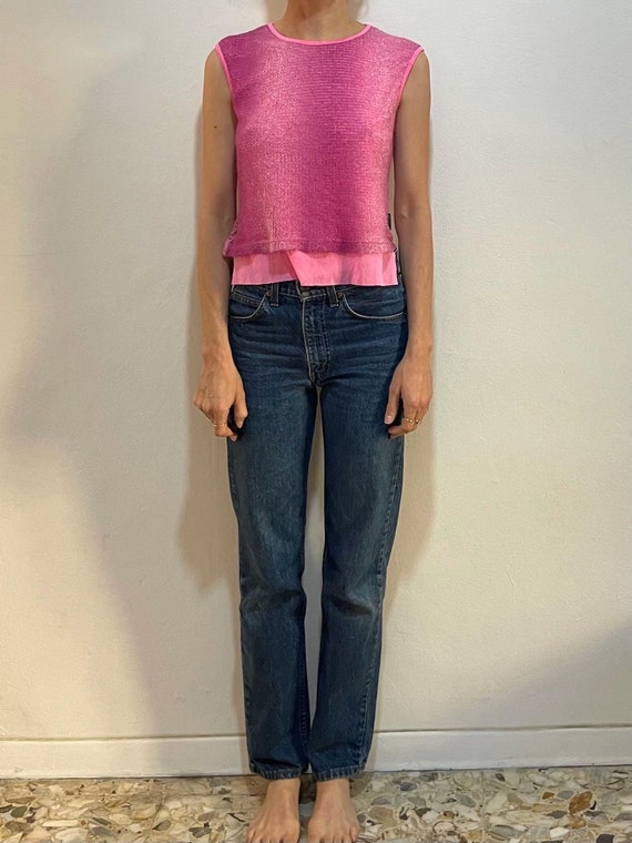 90s Versace Jeans Couture Pink Open Knit and Mesh Club Kid Cropped